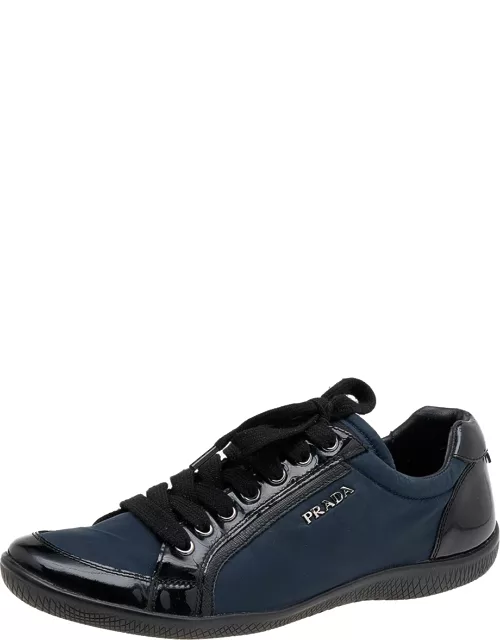 Prada Sport Black/Navy Blue Patent Leather And Nylon Low Top Sneaker