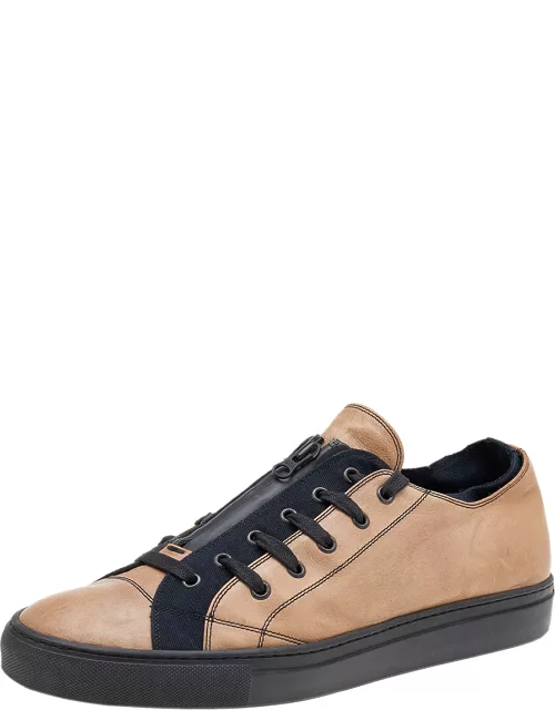 Valentino Beige/Black Leather And Canvas Zip Detail Low Top Sneaker