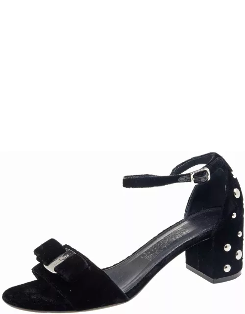 Salvatore Ferragamo Black Velvet Studded Block Heel Ankle Strap Sandal
