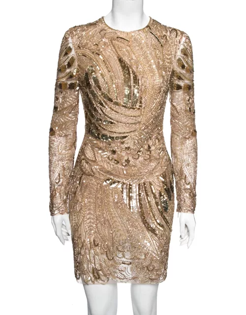 Roberto Cavalli Gold Embellished Tulle Long Sleeve Dress