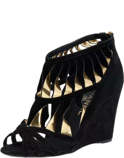 Chanel Black/Gold Suede Leather CC Strappy Wedge Sandal