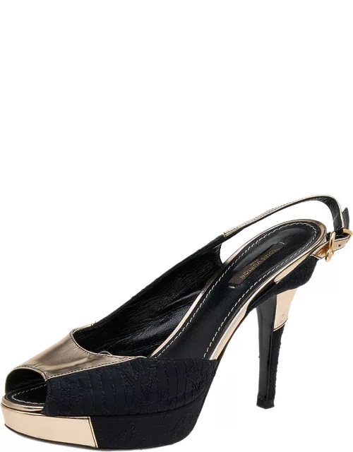 Louis Vuitton Black/Gold Satin And Leather Motard Piccadilly Slingback Sandal
