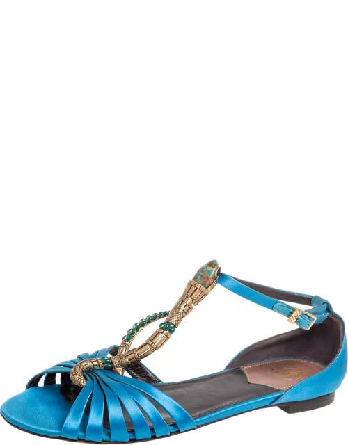 Roberto Cavalli Blue Satin Embellished Flat Sandal