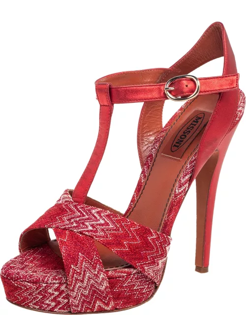 Missoni Red/White Knit Fabric and Leather T-Bar Platform Ankle-Strap Sandal