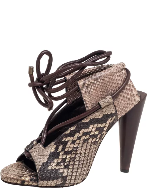 Roberto Cavalli Brown/Beige Python Leather Open Toe Ankle-Tie Sandal