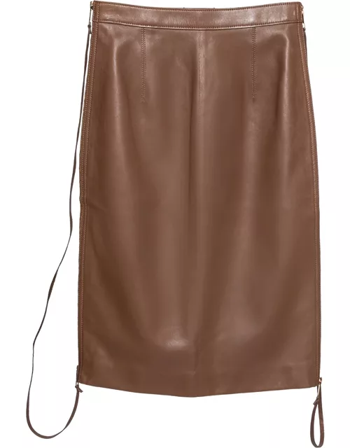 Burberry Brown Leather Double Zip Pencil Midi Skirt