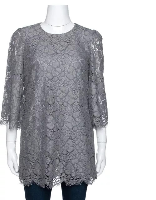 Dolce & Gabbana Grey Floral Corded Lace Three Quarter Sleeve Top