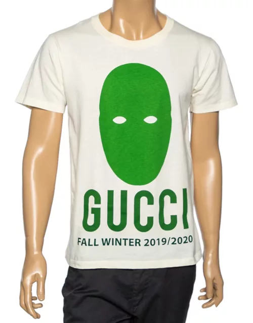 Gucci Cream Cotton Manifesto Mask Printed Crew Neck T-Shirt