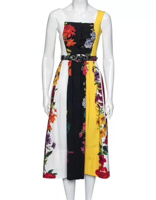 Oscar de la Renta Multicolor Floral Printed Cotton Pleated and Button Front Belted Midi Dress