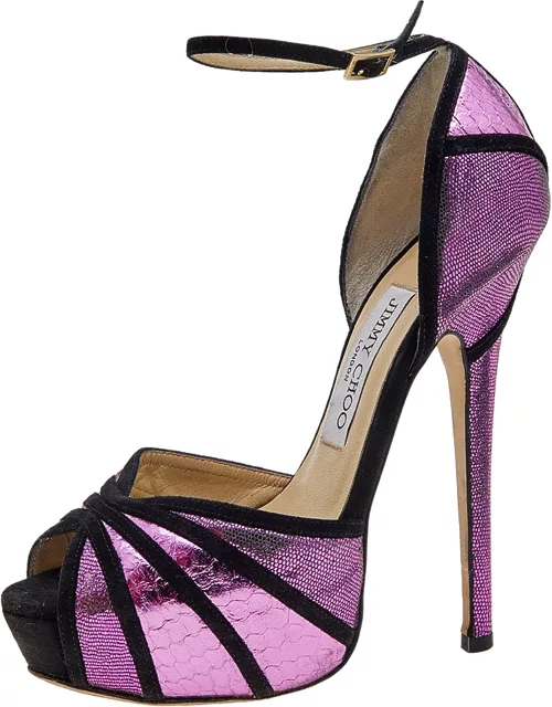Jimmy Choo Metallic Pink Python Embossed Leather And Suede Platform Ankle Strap Sandal