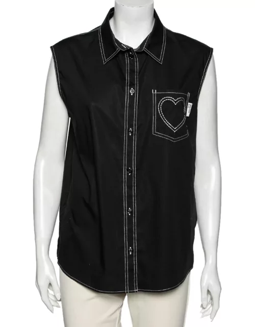 Love Moschino Black Cotton Heart Embroidered Sleeveless Shirt