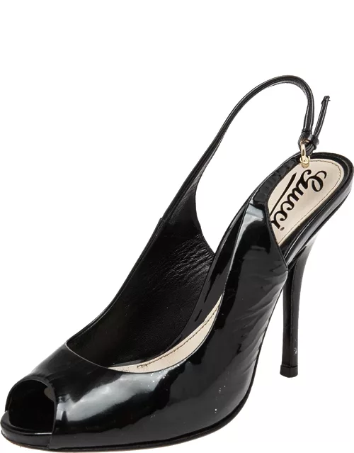 Gucci Black Patent Leather Peep-Toe Slingback Sandal