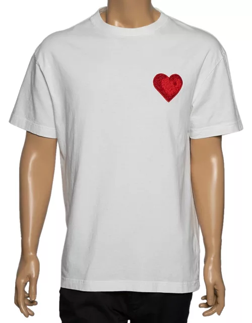 Palm Angels White Cotton Heart Embroidered Crew Neck T-Shirt
