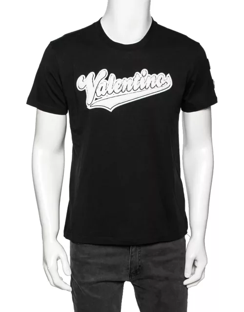 Valentino Black Cotton Baseball Logo Appliqued Short Sleeve T-Shirt