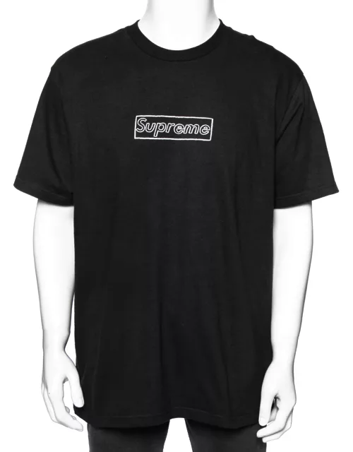 Supreme Black Cotton Logo Printed Crew Neck T-Shirt