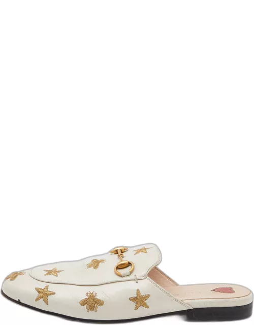 Gucci White Star And Bee Embroidered Leather Princetown Horsebit Flat Mule