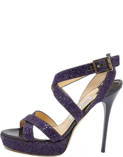 Jimmy Choo Purple Glitter Criss Cross Vamp Platform Sandal