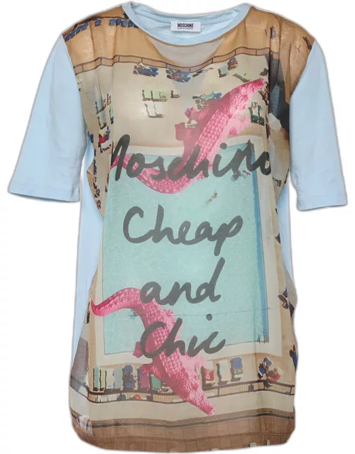 Moschino Cheap & Chic Blue Cotton & Printed Chiffon Paneled T-Shirt