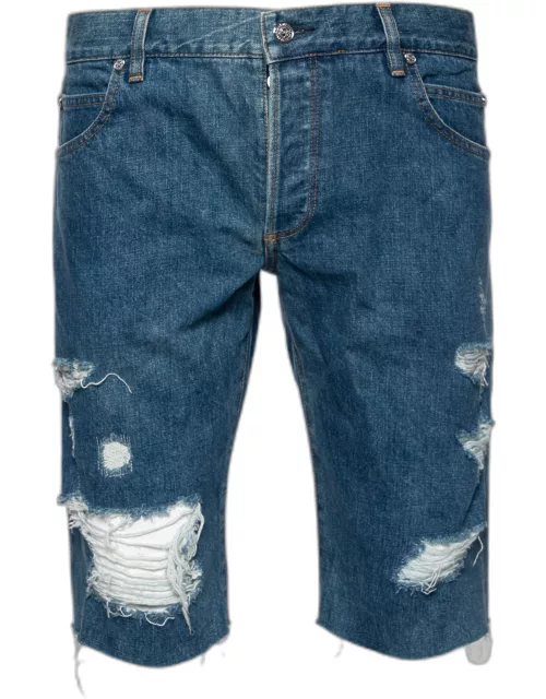 Balmain Blue Distressed Denim Frayed Edge Detail Shorts