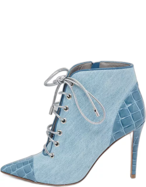 Gina Blue Denim And Croc Embossed Patent Ankle Boot