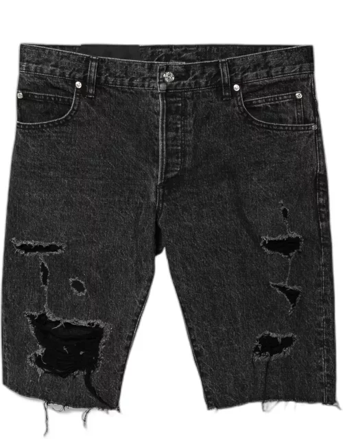 Balmain Grey Distressed Denim Logo Embroidered Shorts