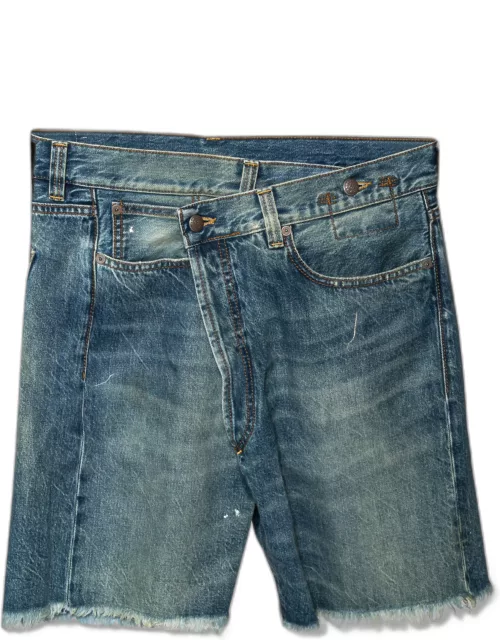 R13 Blue Denim Asymmetric Waist Frayed Edged Shorts