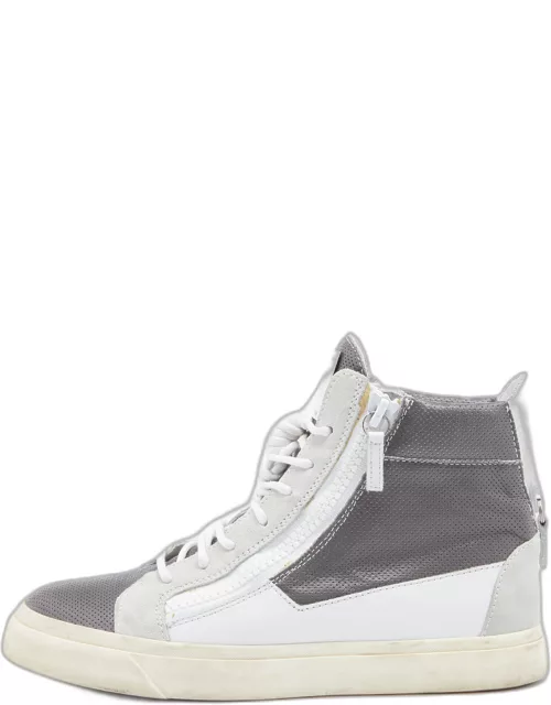Giuseppe Zanotti Grey/White Perforated Leather And Suede Double Zip High Top Sneaker