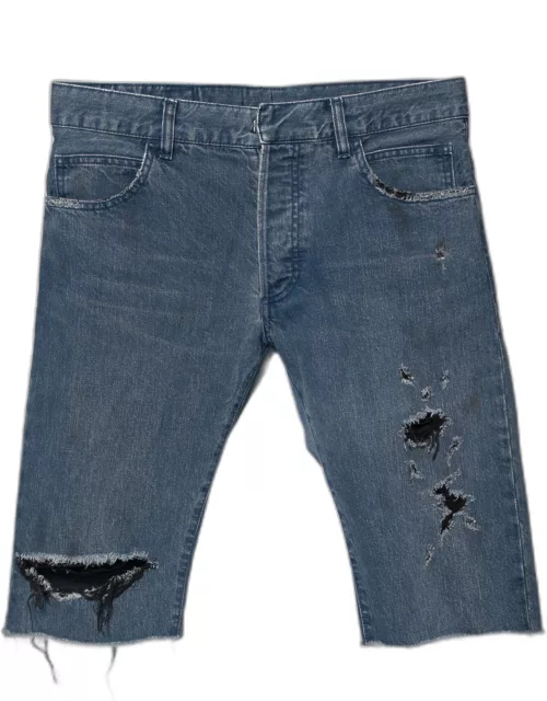 Balmain Blue Distressed Denim Frayed Edged Shorts
