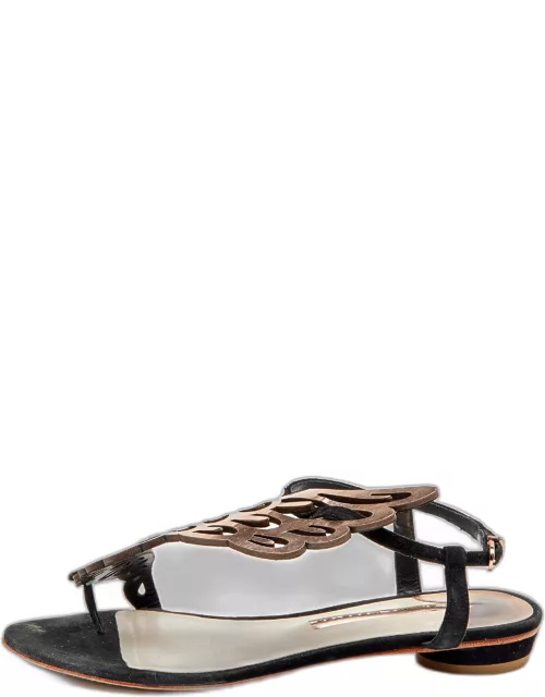 Sophia Webster Metallic Rose Gold/Black Leather and Suede Seraphina Angel Wing Flat Sandal