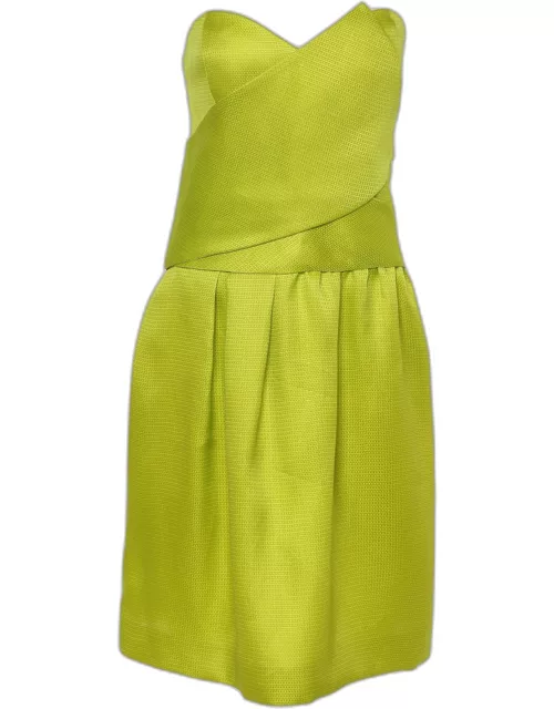 Oscar de la Renta Lime Green Silk Basket Weave Strapless Dress
