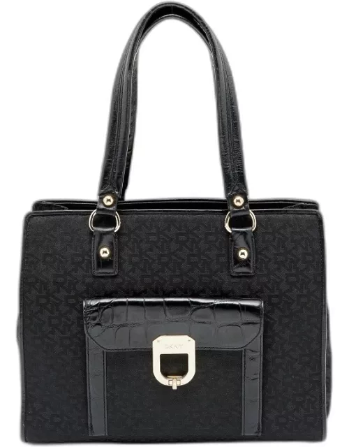 DKNY Black Signature Nylon and Croc Embossed Leather Tote