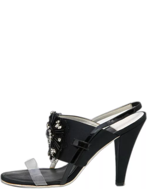 Chanel Black Satin And PVC Embellished Slingback Sandal