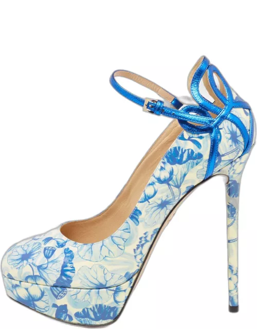 Charlotte Olympia Blue/White Ming Koi Carp Print Patent Leather Ankle Strap Pumps