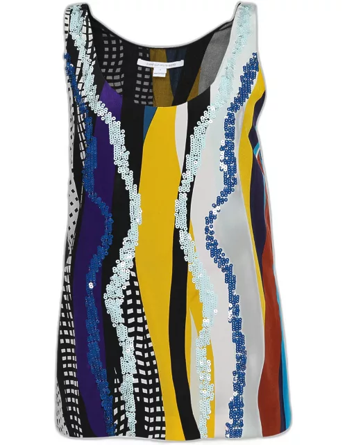 Diane Von Furstenberg Multicolor Sequin Embellished Silk Jackie Top