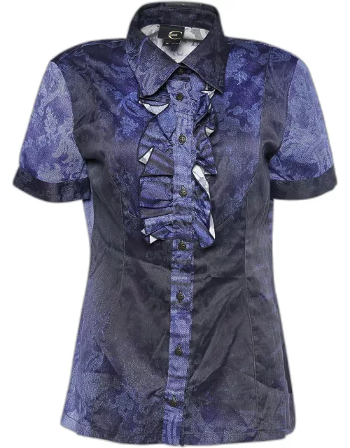 Just Cavalli Blue Printed Sateen Ruffle Trim Front Shirt