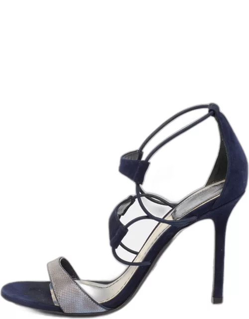 Dior Blue Suede And Python Embossed Leather Open Toe Strap Sandal