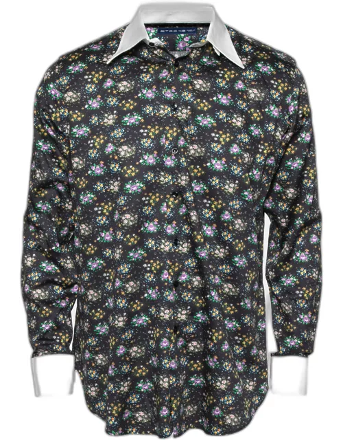 Etro Midnight Blue Floral Printed Cotton Contrast Collar & Cuff Detail Shirt