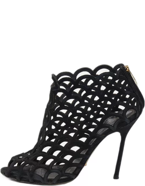 Sergio Rossi Black Suede Cut Out Open Toe Ankle Length Bootie
