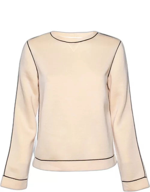 Valentino Cream Neoprene Contrast Piping Detailed Long Sleeve Top