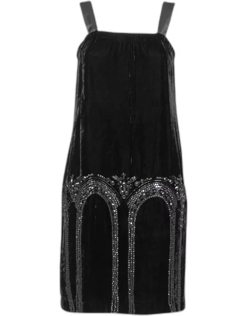 Emporio Armani Black Velvet Sequin Embellished Sleeveless Dress