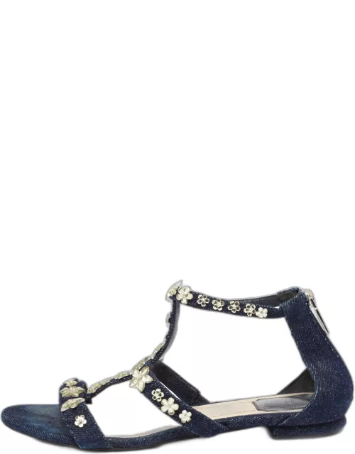 Dior Blue Denim Jewel Embellished Strappy Flat Sandal