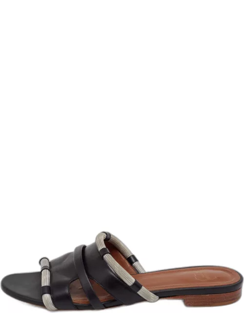 Malone Souliers Black/Grey Leather And Fabric Cut Out Flat Sandal