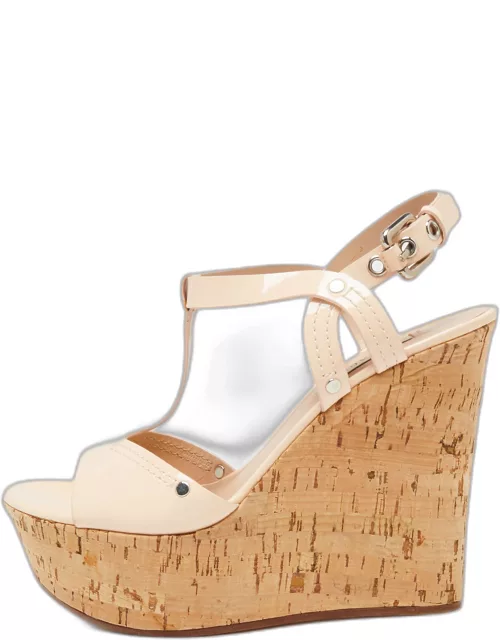 Casadei Pale Pink Patent Leather Cork Wedge T Strap Sandal