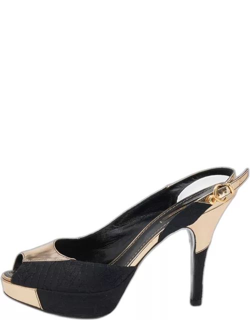 Louis Vuitton Black/Gold Leather And Fabric Ankle Strap Platform Sandal