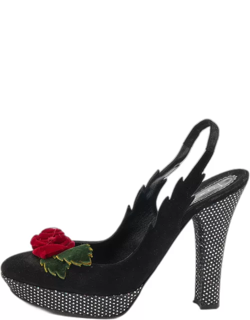 Casadei Black Suede Rose Platform Slingback Sandal