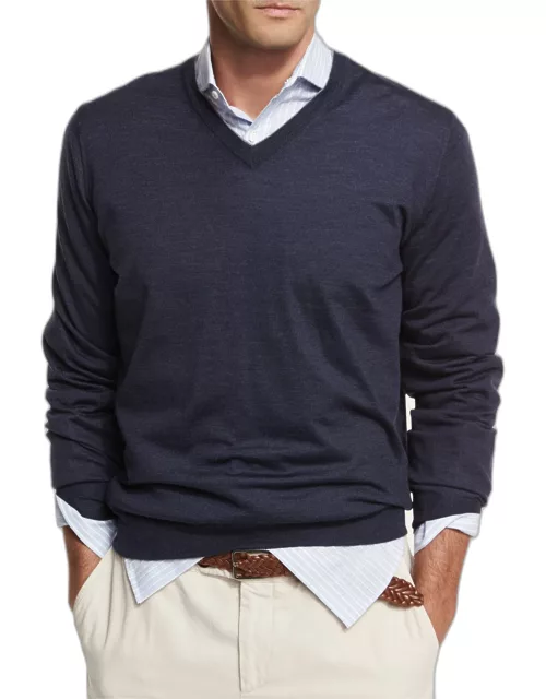 Fine-Gauge Tipped V-Neck Sweater