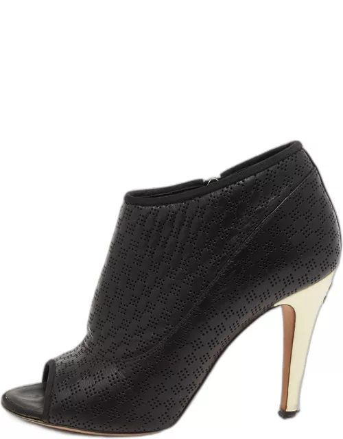 Chanel Black/Cream Leather And Patent Open Toe Ankle Boot