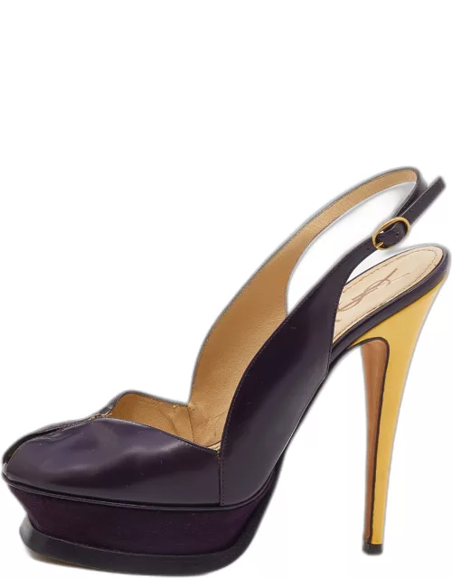 Yves Saint Laurent Purple/Yellow Leather Peep Toe Platform Slingback Sandal