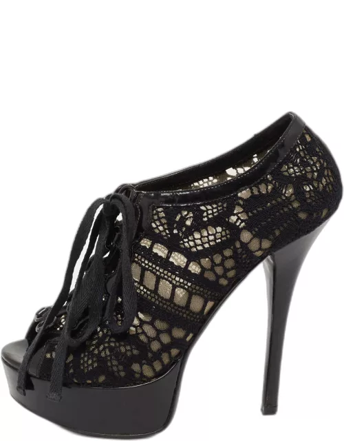 Dolce & Gabbana Black Lace and Patent Leather Lace-Up Peep-Toe Platform Bootie