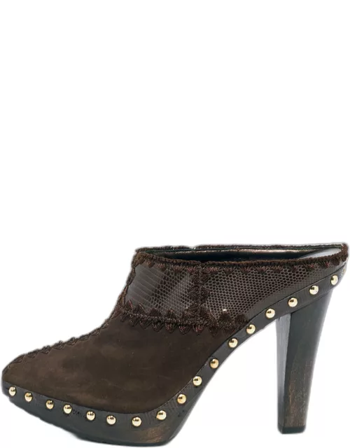Sergio Rossi Brown Lizard Embossed Leather and Suede Studded Platform Mule